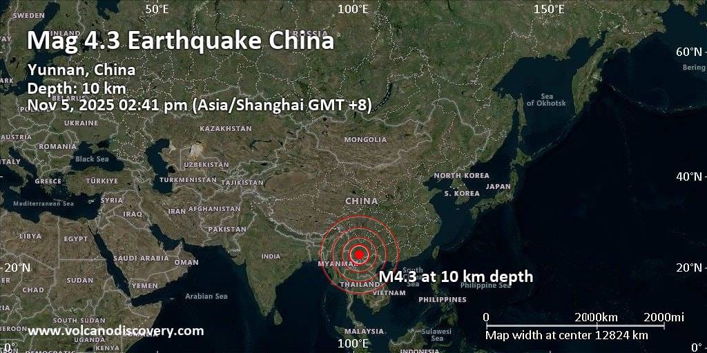 Moderate mag. 4.3 earthquake – 64 km northeast of Simao, Yunnan Sheng, China, on Wednesday, Nov 5, 2025, at 02:41 pm (Shanghai time)