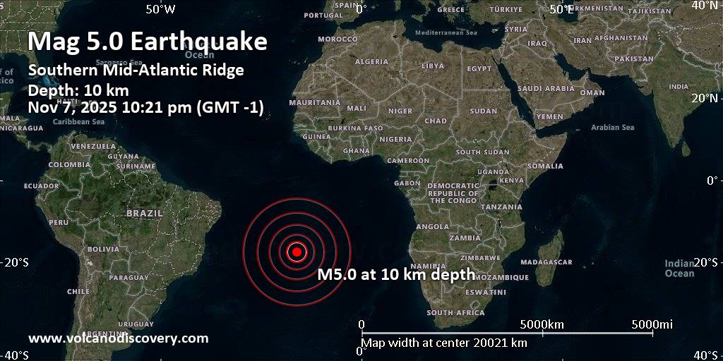 Strong mag. 5.0 earthquake – Southern Mid-Atlantic Ridge on Friday, Nov 7, 2025, at 11:21 pm (Universal Time)