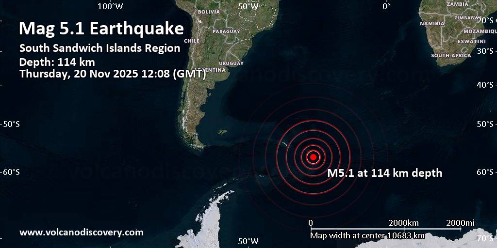 Moderate mag. 4.9 earthquake – South Sandwich Islands Region on Thursday, Nov 20, 2025, at 12:08 pm (Universal Time)