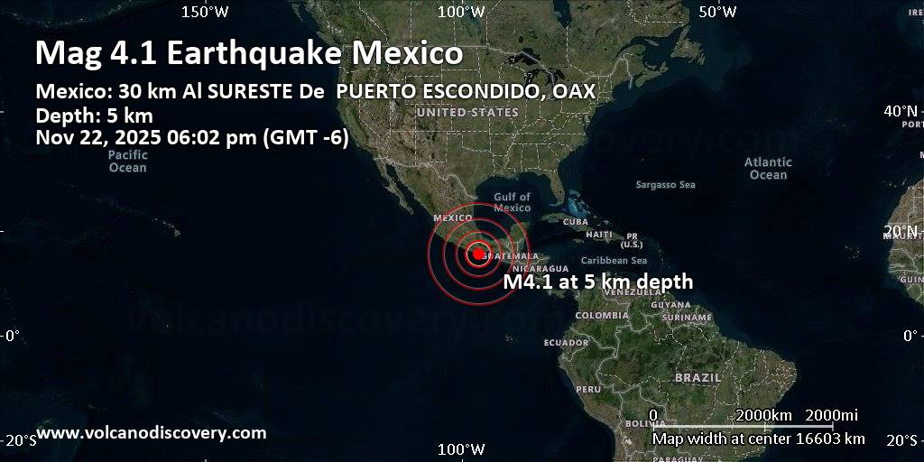 Moderate mag. 4.1 earthquake – 30 km southeast of Puerto Escondido, Estado de Oaxaca, Mexico, on 2025-11-22 18:02:04 (Hora de México)