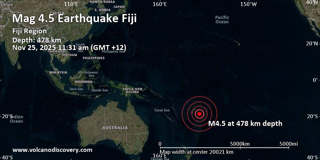 Moderate mag. 4.5 earthquake – South Pacific Ocean, 95 km east of Namuka Island, Eastern, Fiji, on Tuesday, Nov 25, 2025, at 11:31 am (GMT +12)