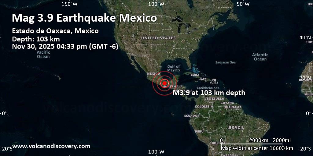 Light mag. 3.9 earthquake – 33 km northwest of Matias Romero, Estado de Oaxaca, Mexico, on Sunday, Nov 30, 2025, at 04:33 pm (GMT -6)