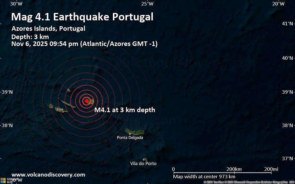 Moderate magnitude 4.1 quake hits 13 km northwest of Angra do Heroismo, Portugal in the evening