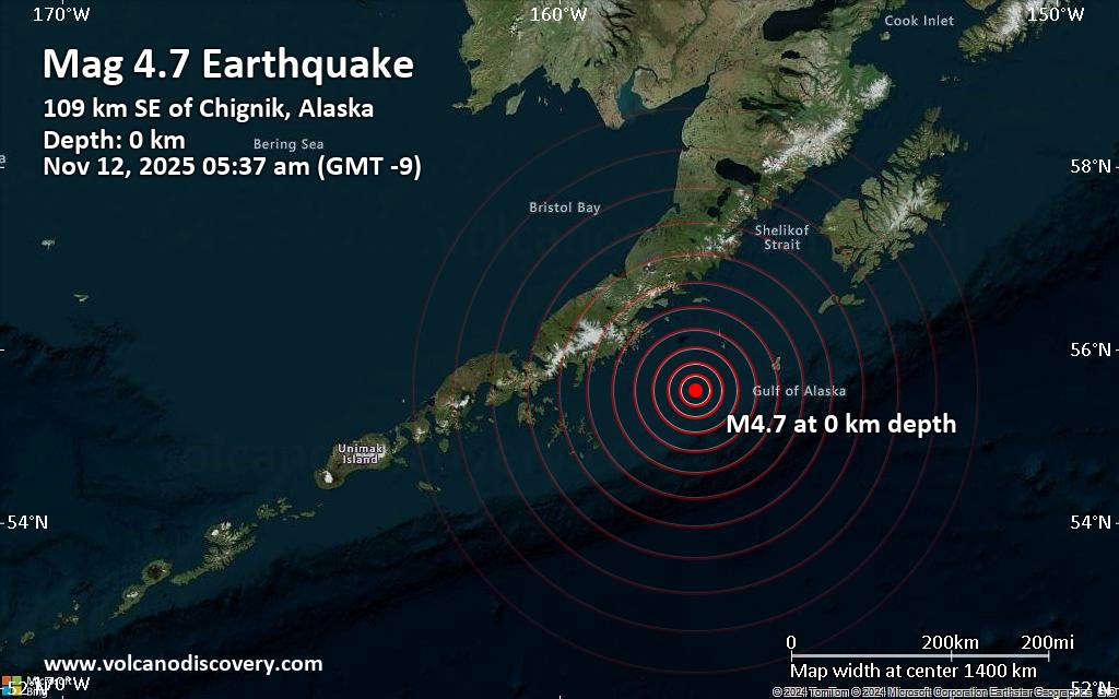 Moderate earthquake of magnitude 4.7 just reported 72 miles southeast of Chignik Lagoon, Alaska, United States