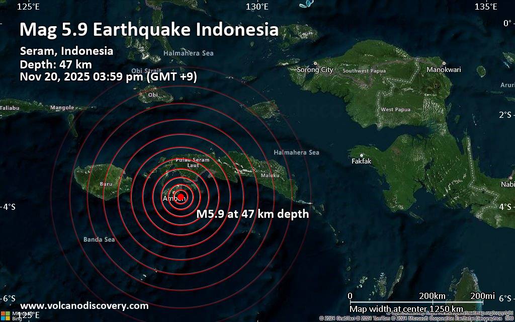 Significant earthquake of magnitude 5.9 just reported 18 km southeast of Ambon, Indonesia
