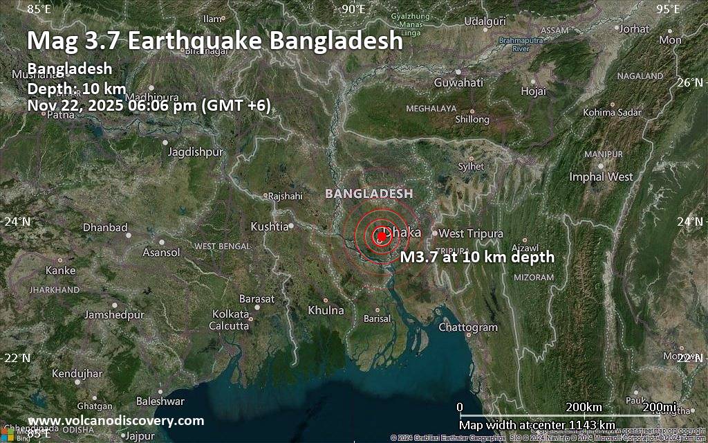 Magnitude 3.7 earthquake strikes near Dhaka, Dhaka Division, Bangladesh