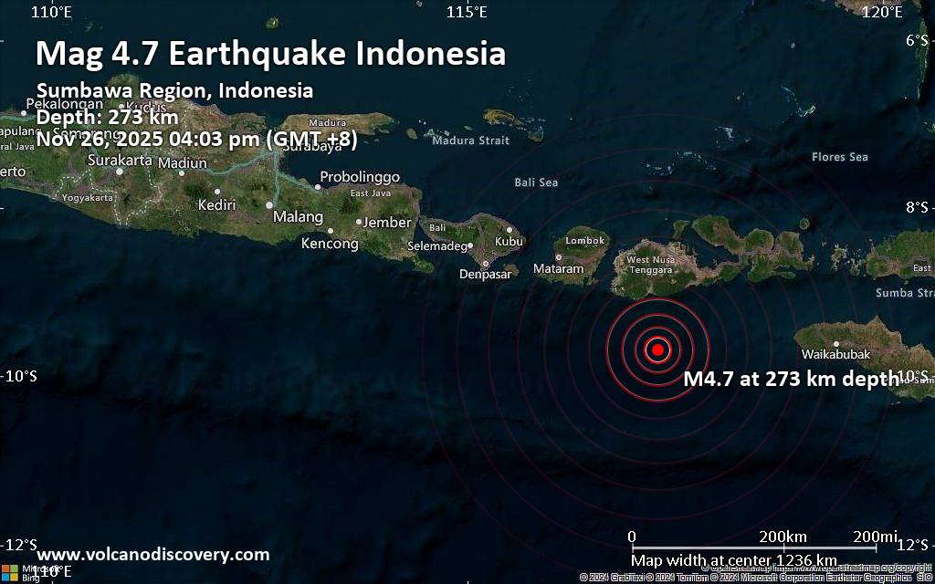 Moderate earthquake of magnitude 4.7 just reported 116 km southeast of Taliwang, Indonesia