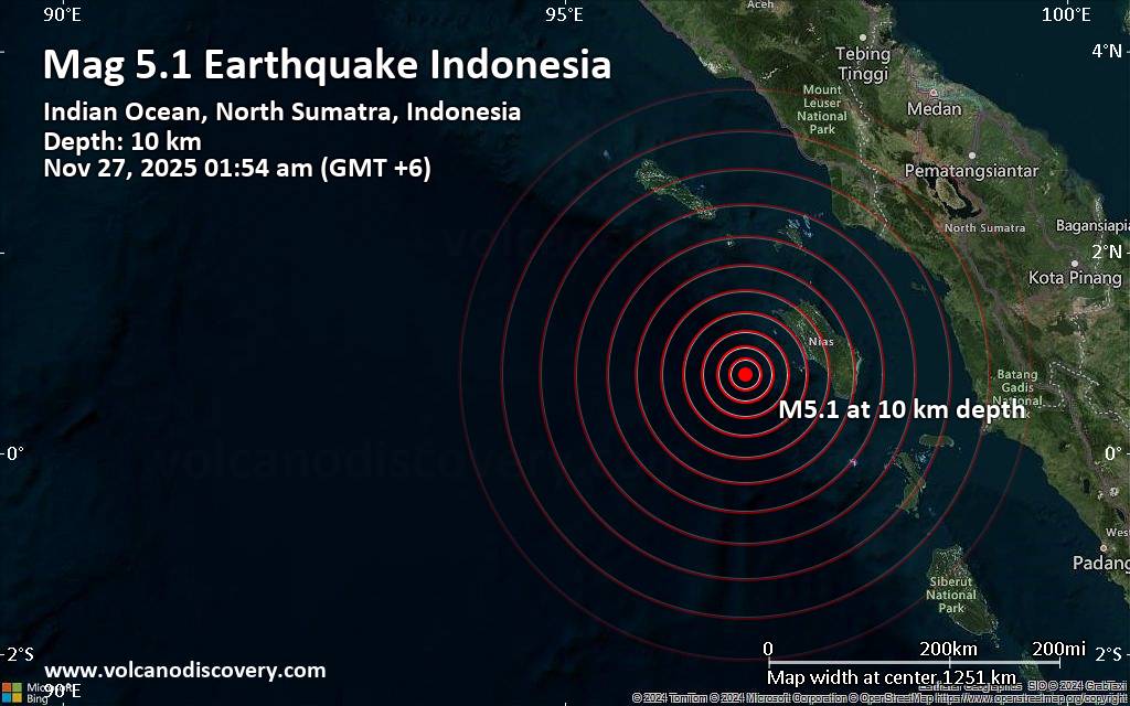 Significant magnitude 5.1 earthquake 79 km southwest of Lahewa, Indonesia