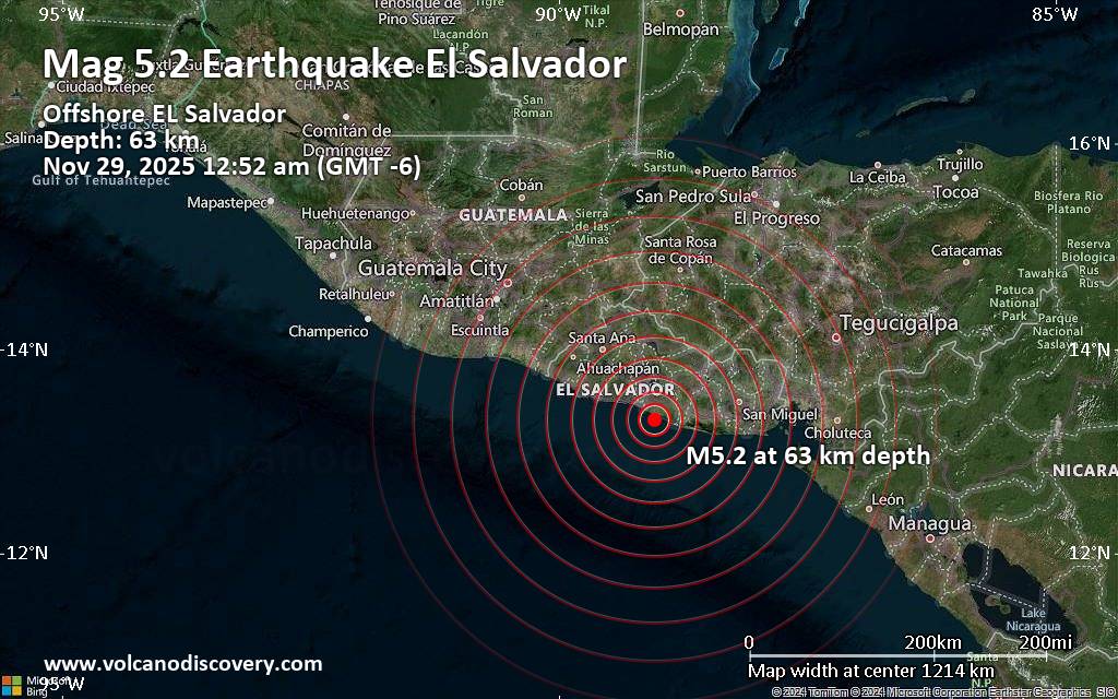 Magnitude 5.2 earthquake strikes near San Salvador, Departamento de San Salvador, El Salvador