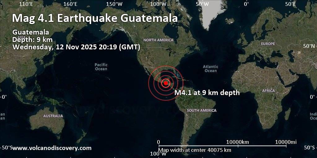 Moderate mag. 4.1 earthquake – 38 km southwest of Soloma, Departamento de Huehuetenango, Guatemala, on Wednesday, Nov 12, 2025, at 02:19 pm (GMT -6)