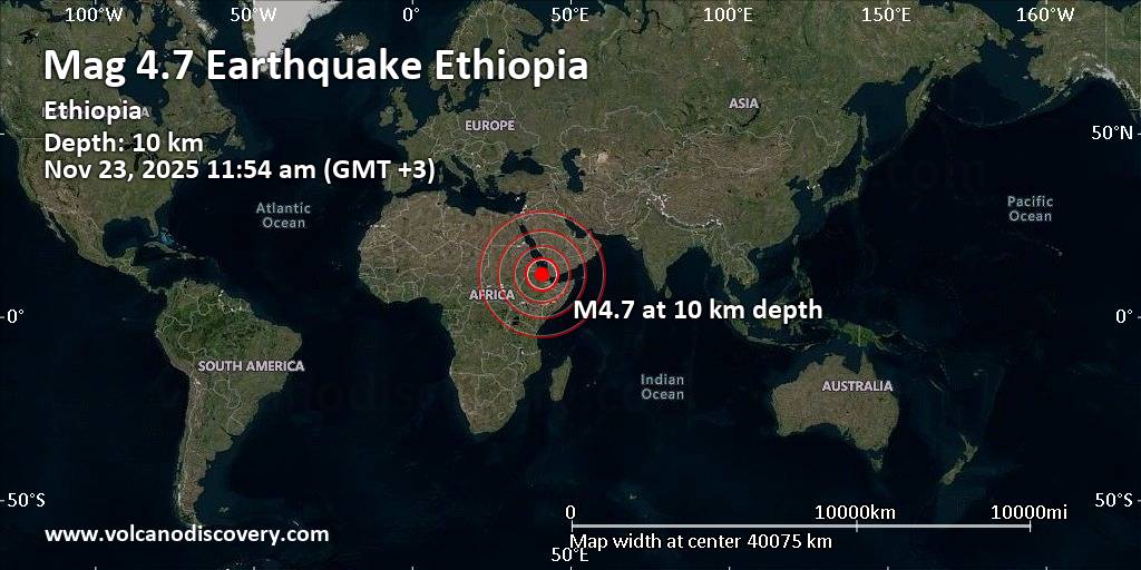 Strong mag. 5.0 earthquake – Red Sea, 128 km northeast of Hawakil Island, Northern Red Sea Region, Eritrea, on Sunday, Nov 23, 2025, at 11:55 am (GMT +3)