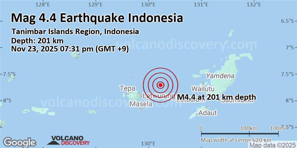 Moderate mag. 4.4 earthquake – 362 km southwest of Tual, Kota Tual, Maluku, Indonesia, on Sunday, Nov 23, 2025, at 10:31 am (Universal Time)