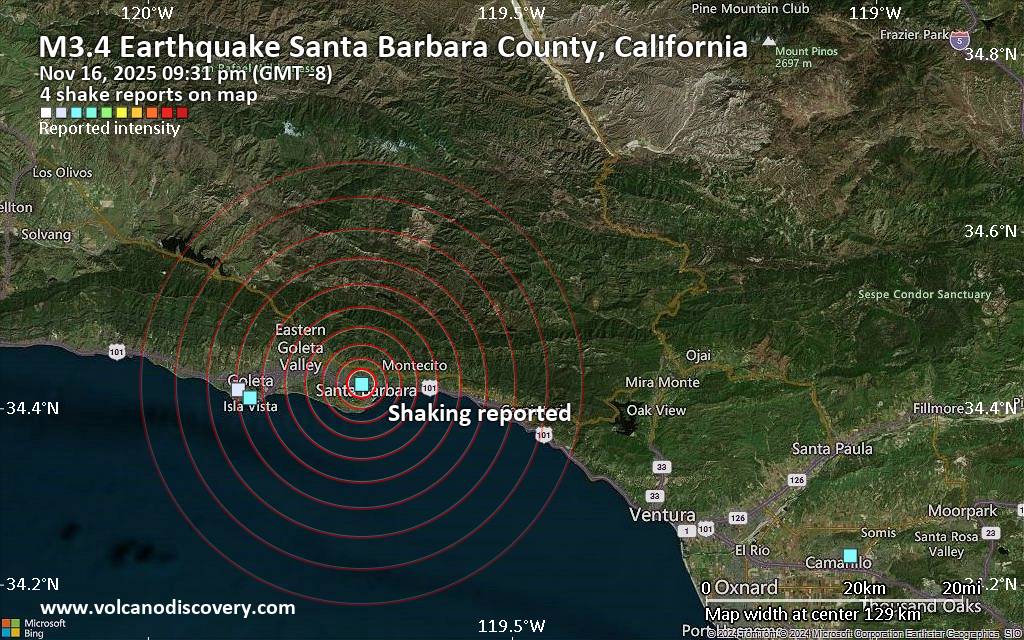 Seismic-like event, possible earthquake, reported about 10 minutes ago near Santa Barbara, California, USA