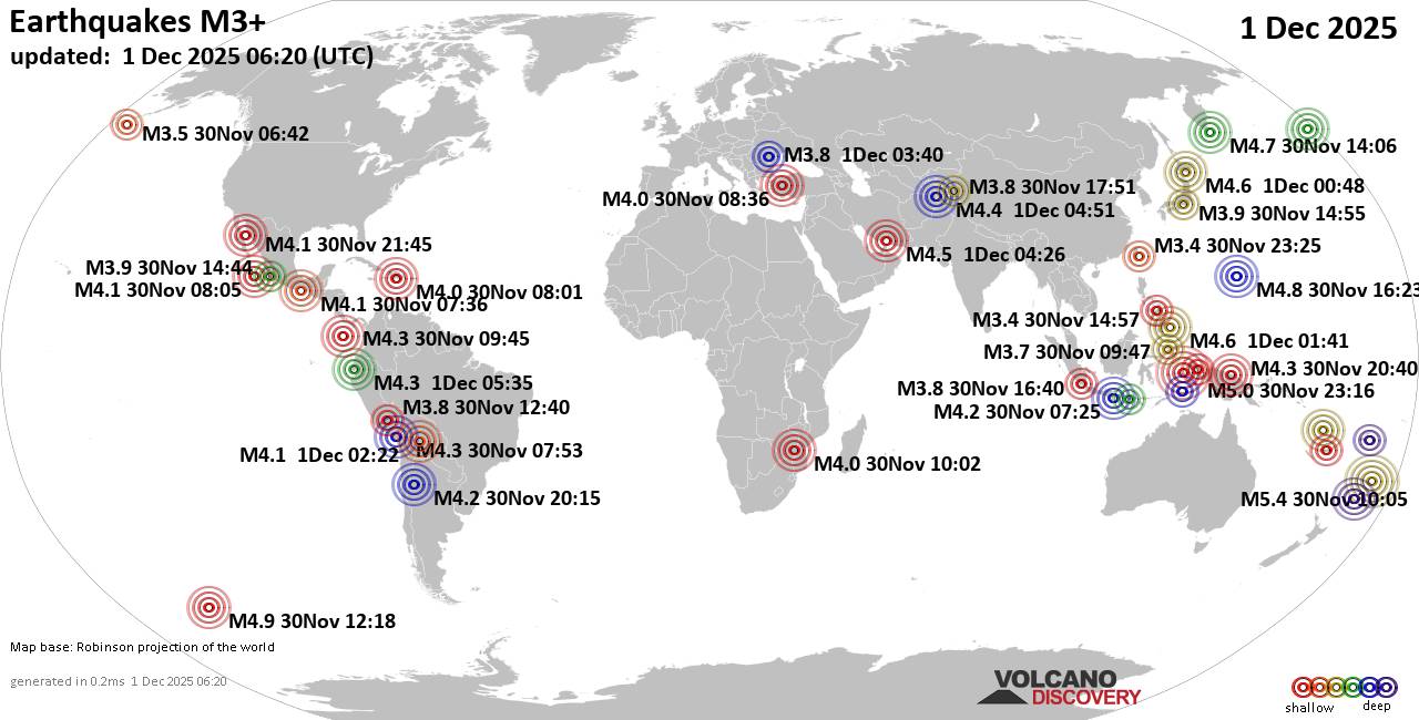 World Earthquake Report for Monday,  1 December 2025