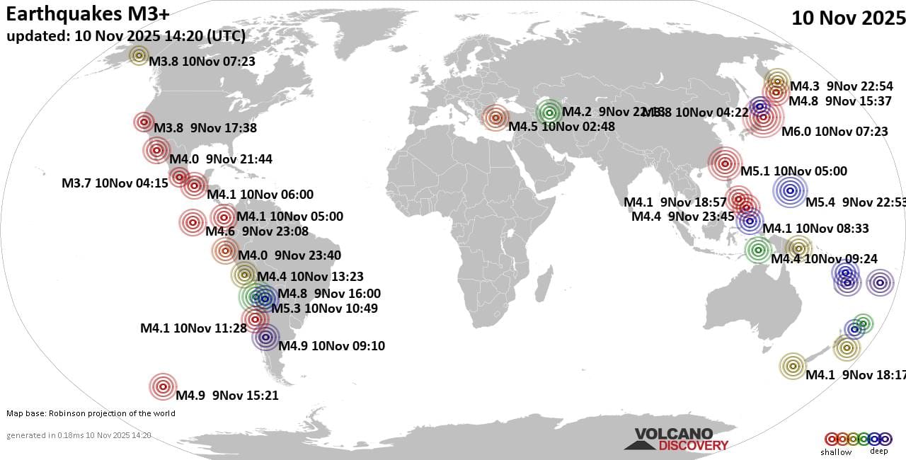 World Earthquake Report for Monday, 10 November 2025