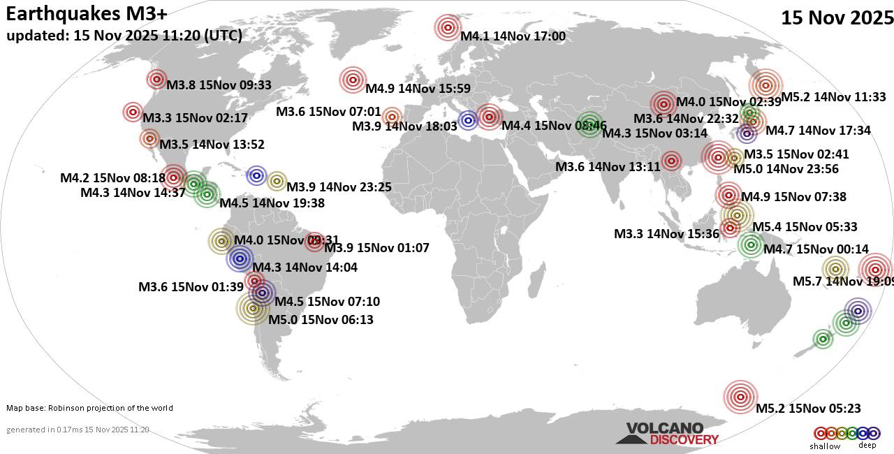World Earthquake Report for Saturday, 15 November 2025