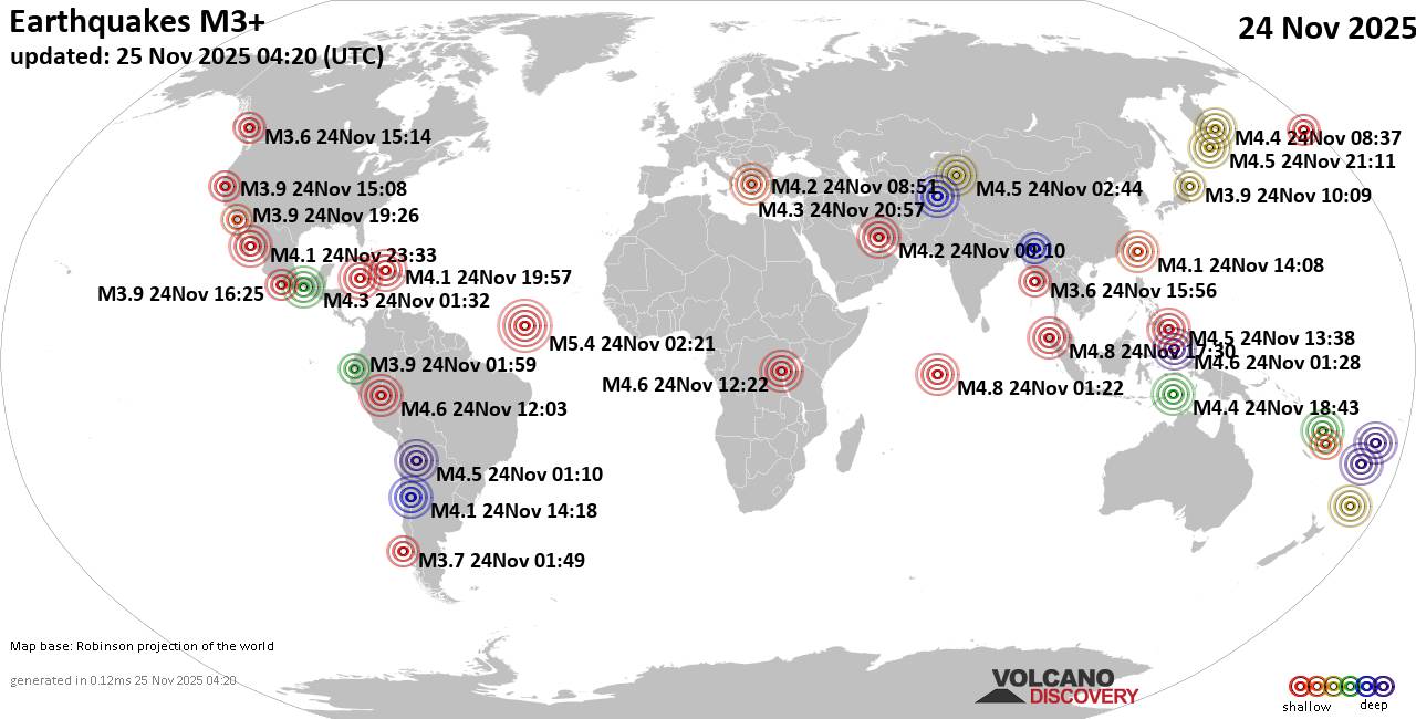 World Earthquake Report for Monday, 24 November 2025