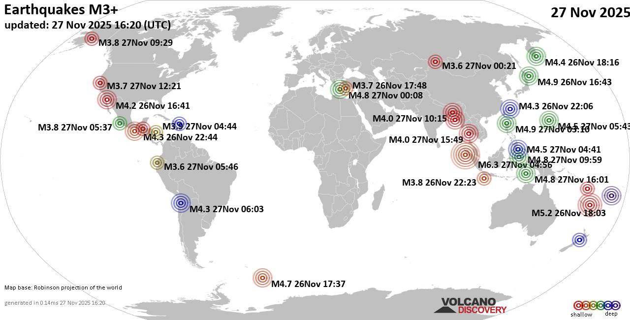 World Earthquake Report for Thursday, 27 November 2025