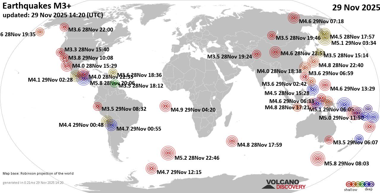 World Earthquake Report for Saturday, 29 November 2025