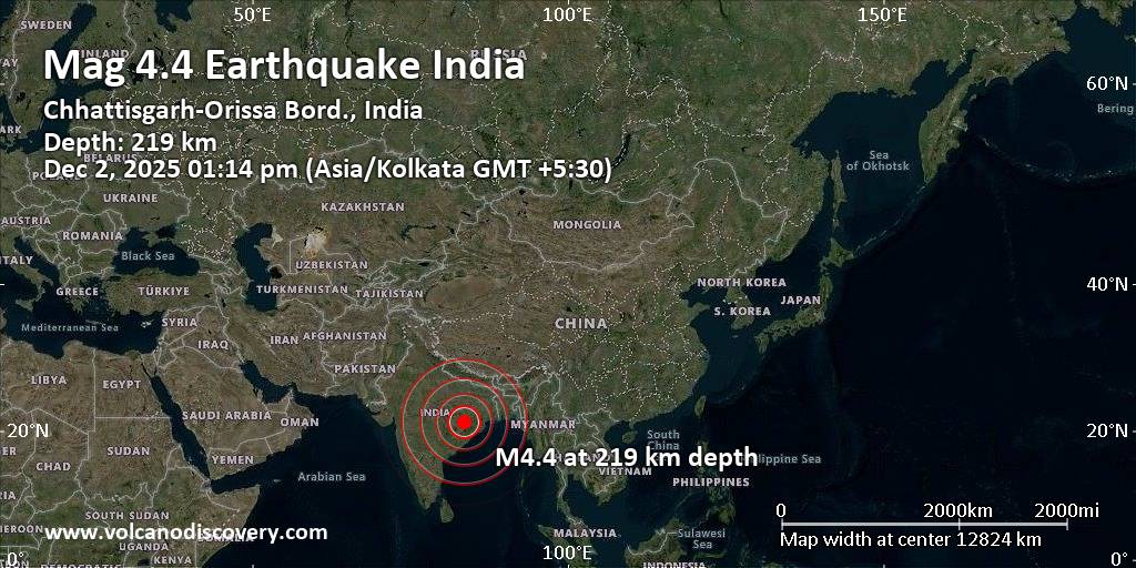 Moderate mag. 4.4 earthquake – 6.6 km south of Bargarh, Baragarh, State of Odisha, India, on Tuesday, Dec 2, 2025, at 01:14 pm (Kolkata time)