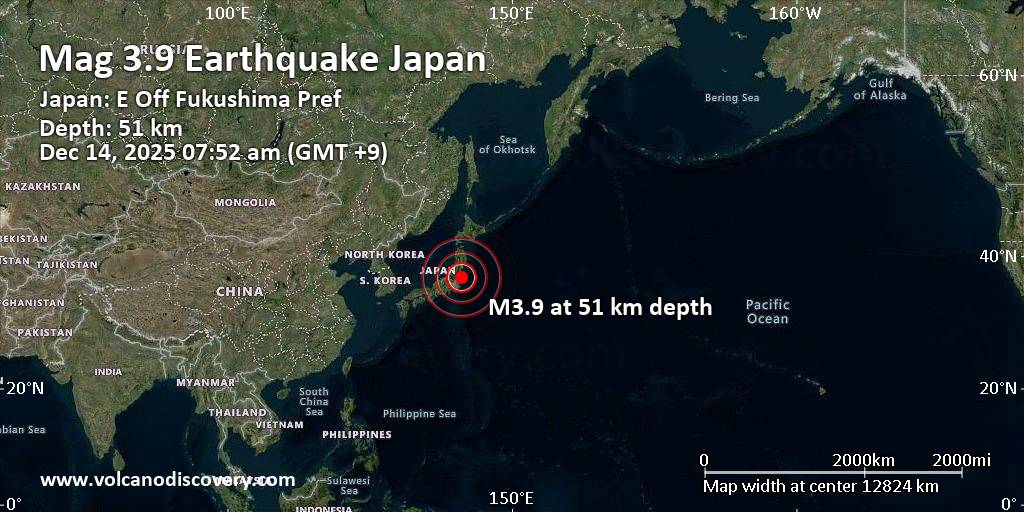 Light mag. 3.9 earthquake – North Pacific Ocean, 29 km east of Iwaki, Fukushima, Japan, on Sunday, Dec 14, 2025, at 07:52 am (GMT +9)