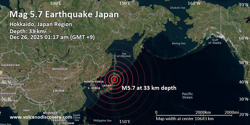 Strong mag. 5.7 earthquake – 199 km south of Shimizu, Hokkaido, Japan, on Friday, Dec 26, 2025, at 01:17 am (GMT +9)