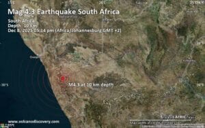 Moderate tremor of magnitude 4.3 just reported 6 km southwest of Springbok, South Africa