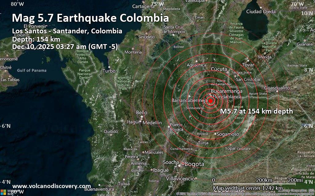 Moderate yet deep earthquake of magnitude 5.7 just reported 12 km southwest of Piedecuesta, Colombia