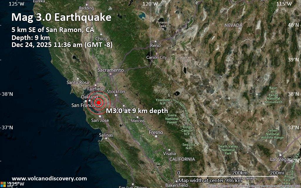 Small magnitude 3.0 earthquake 3 miles southeast of San Ramon, California, United States