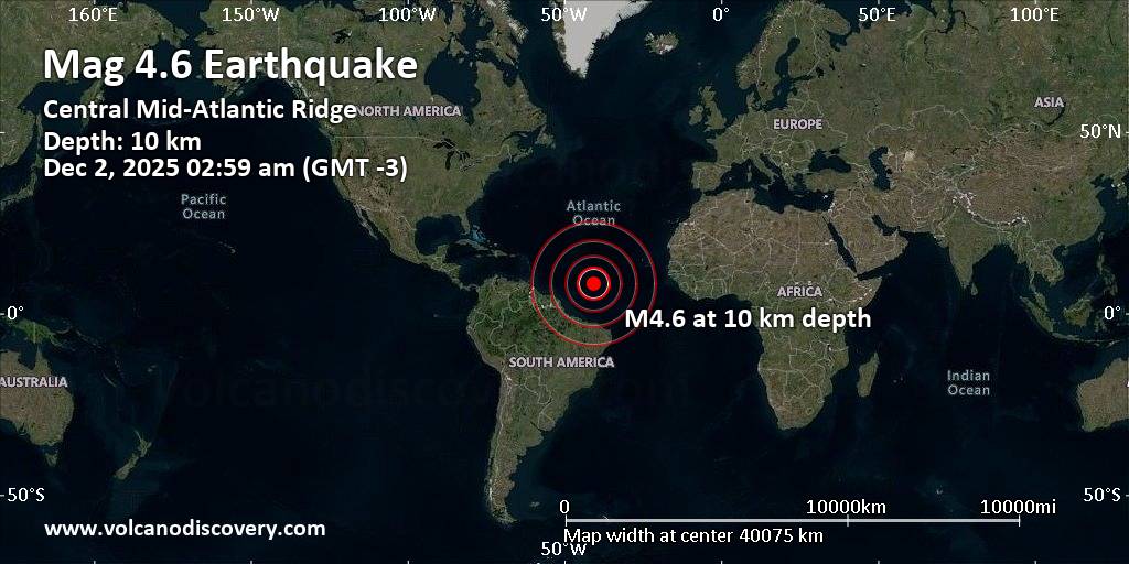 Moderate mag. 4.6 earthquake – Central Mid-Atlantic Ridge on Tuesday, Dec 2, 2025, at 05:59 am (Universal Time)