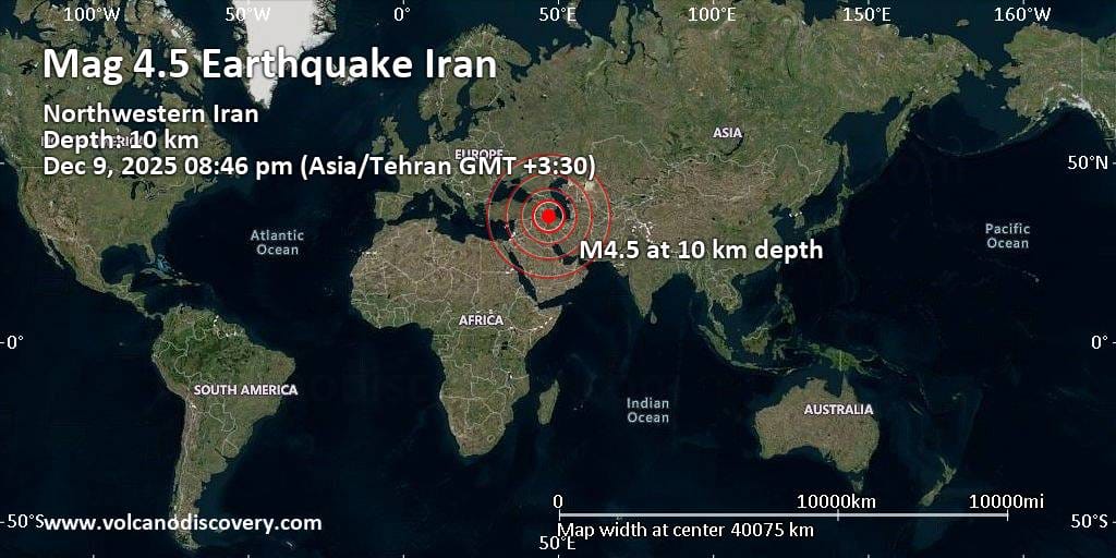 Moderate mag. 4.5 earthquake – 26 km north of Hashtrud, East Azerbaijan Province, Iran, on Tuesday, Dec 9, 2025, at 08:46 pm (Tehran time)