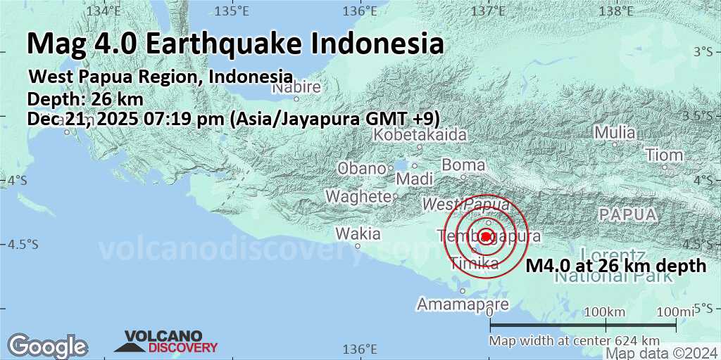 Moderate mag. 4.0 earthquake – Kabupaten Mimika, South Papua, Indonesia, on Sunday, Dec 21, 2025, at 10:19 am (Universal Time)