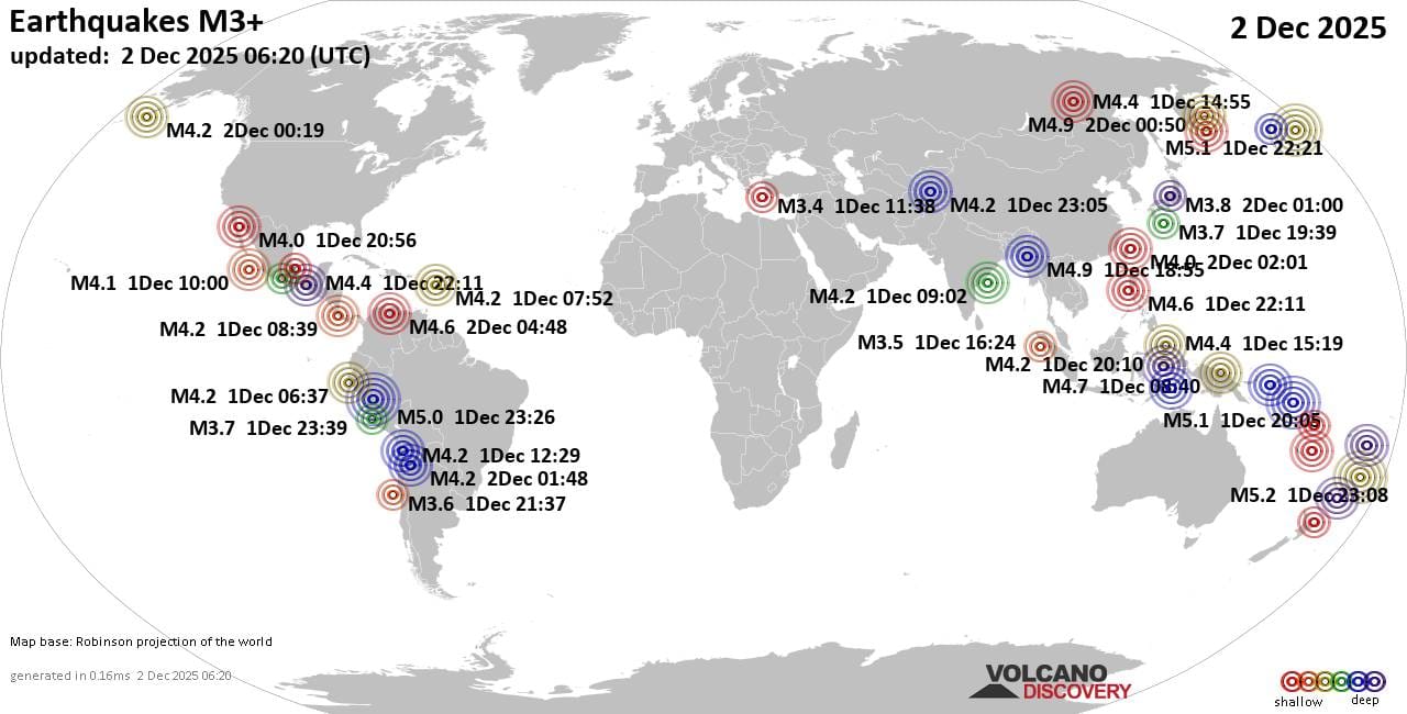 World Earthquake Report for Tuesday,  2 December 2025
