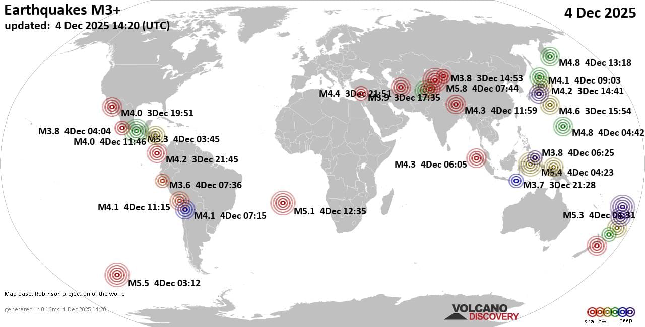 World Earthquake Report for Thursday,  4 December 2025
