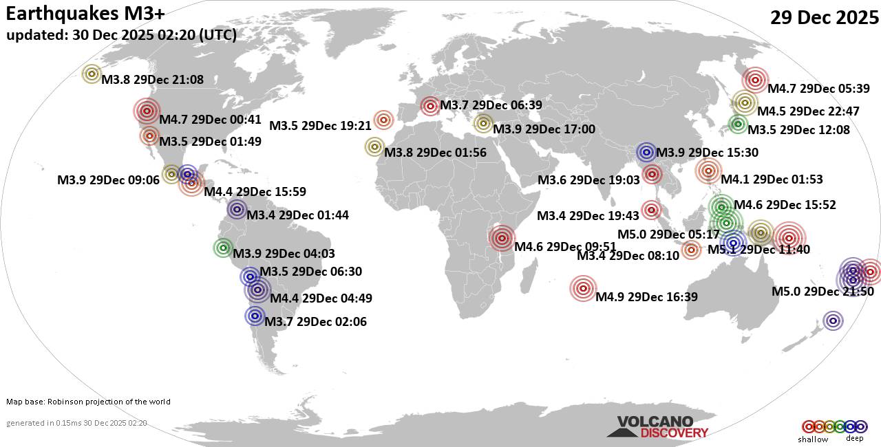 World Earthquake Report for Monday, 29 December 2025