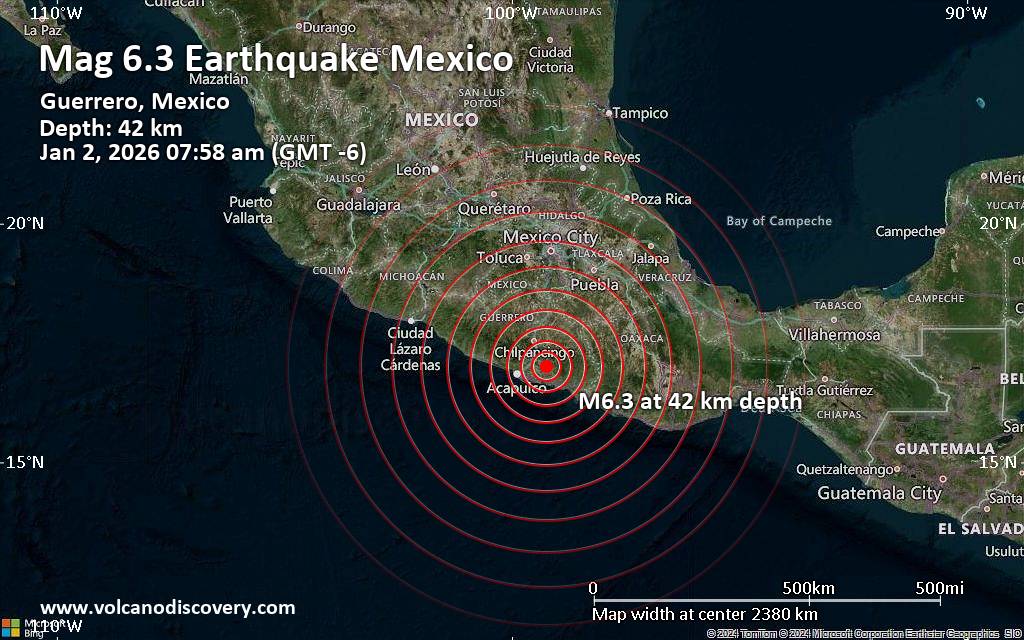 Significant earthquake of magnitude 6.3 just reported 64 km southeast of Chilpancingo, Mexico