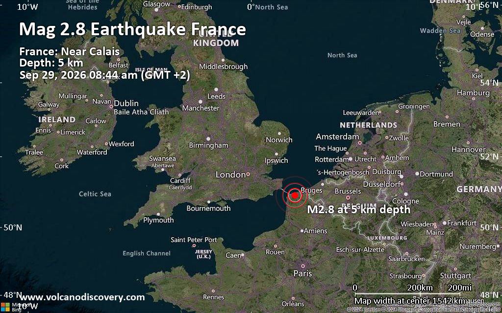 Small magnitude 2.8 quake hits 9 km southeast of Calais, France, in the morning