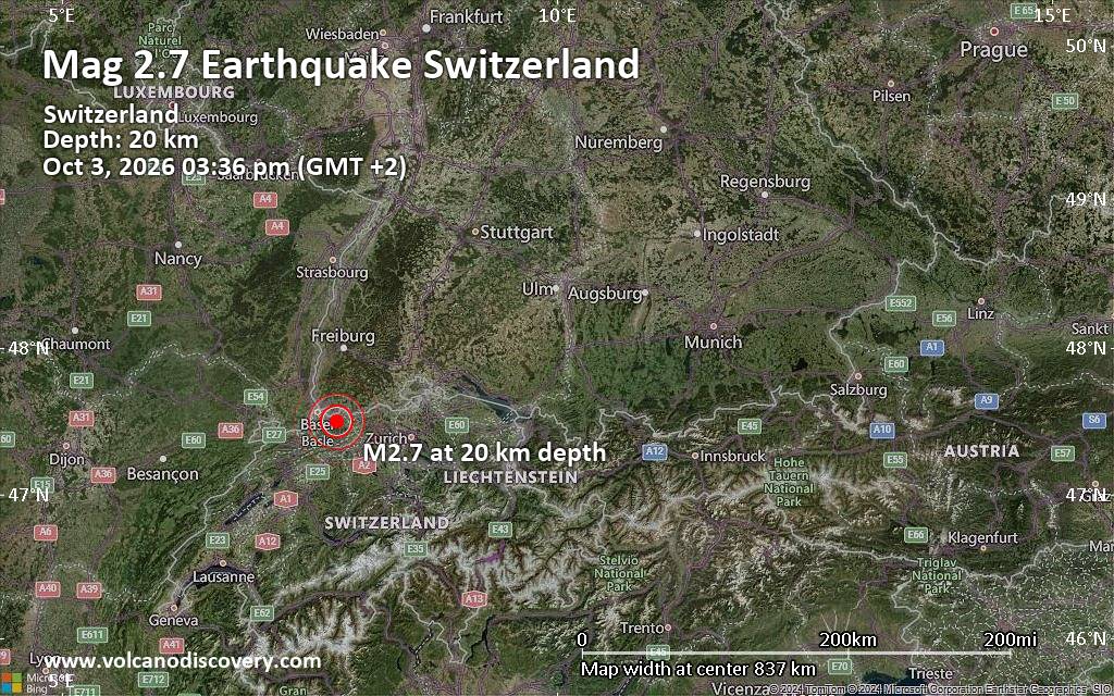 Small magnitude 2.7 earthquake hits near Basel, Basel-Stadt, Kanton Basel-Stadt, Switzerland