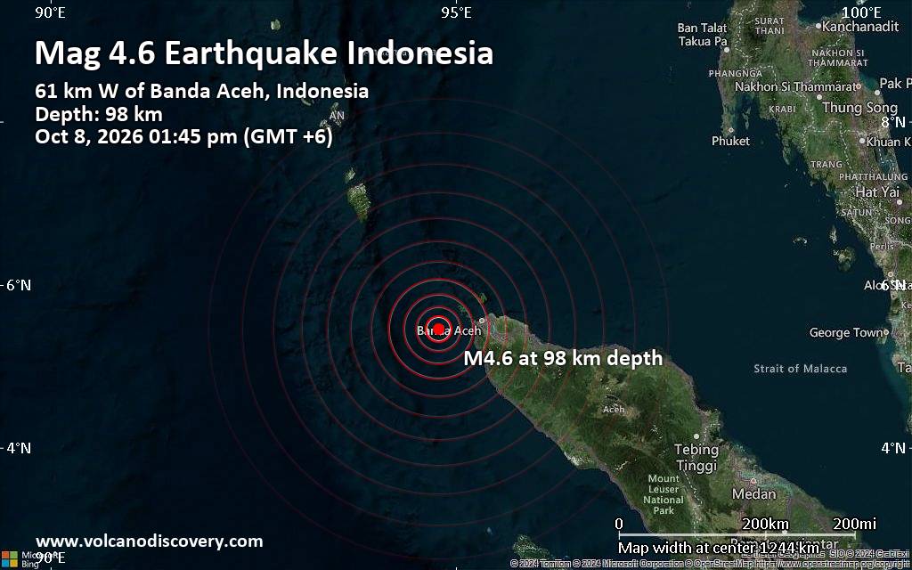 Moderate magnitude 4.6 quake hits 62 km west of Banda Aceh, Indonesia, around noon