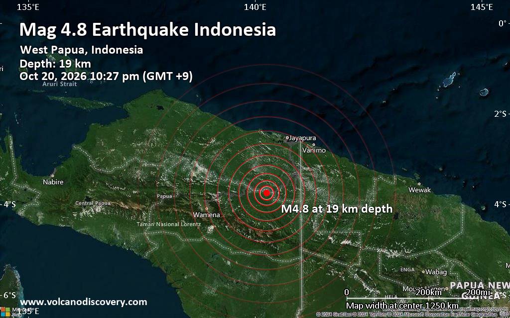 Magnitude 4.8 earthquake strikes near Elelim, Yalimo Regency, Highland Papua, Indonesia