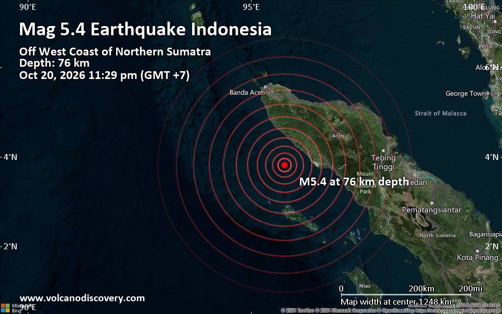 Magnitude 5.4 earthquake strikes near Meulaboh, West Aceh Regency, Nanggroe Aceh Darussalam Province, Indonesia