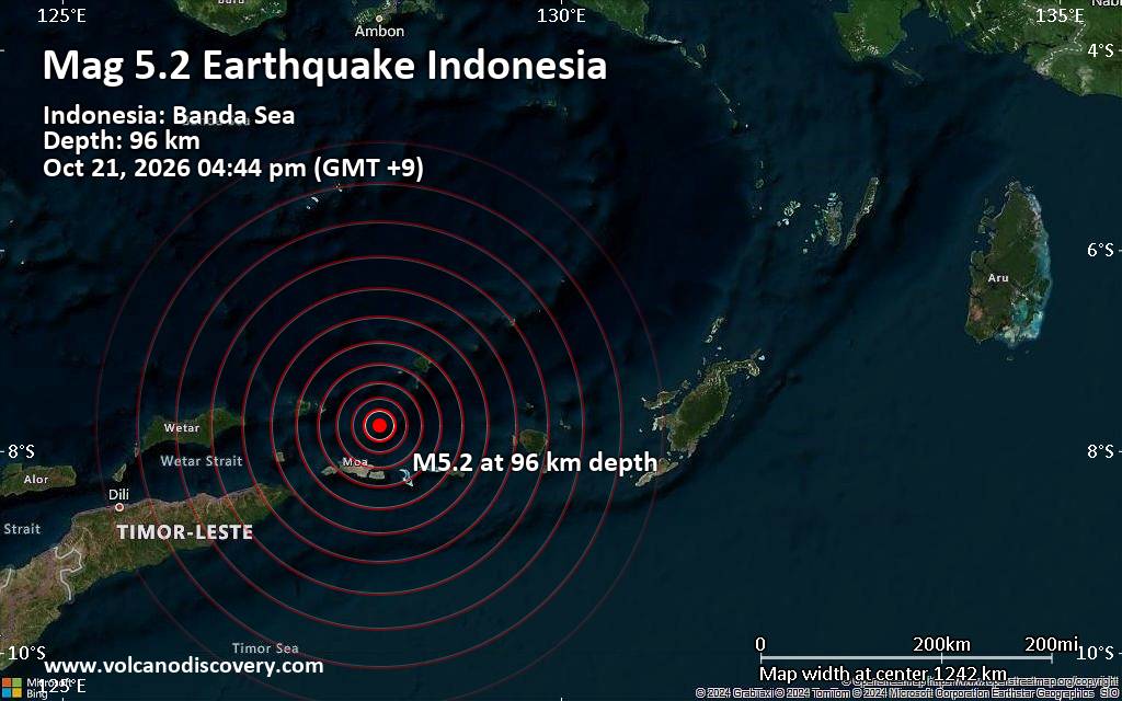 Significant magnitude-5.2 earthquake reported 61 km northeast of Tiakur, Indonesia