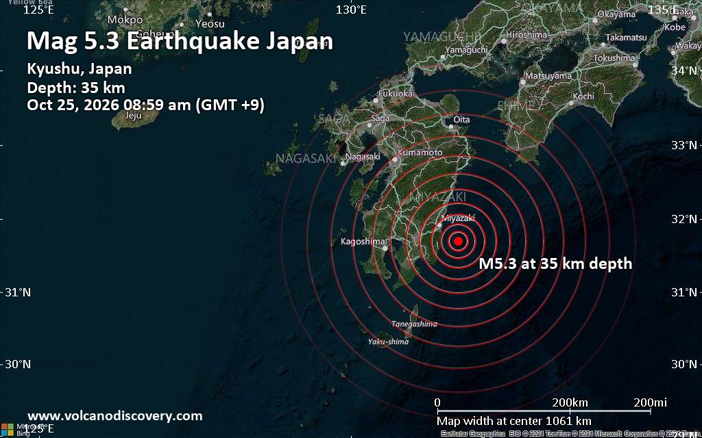 Significant 5.3 earthquake strikes near Miyazaki, Japan