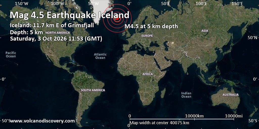 Moderate mag. 4.5 earthquake – Iceland: 11.7 km E of Grímsfjall on Saturday, Oct 3, 2026, at 11:53 am (Reykjavik time)